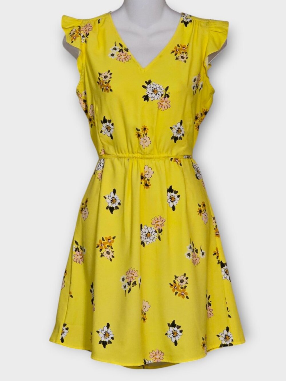 LOFT Petite Dress Womens XSP Yellow Floral Mini Ruffle Sleeve Summer Dress - Picture 3 of 13